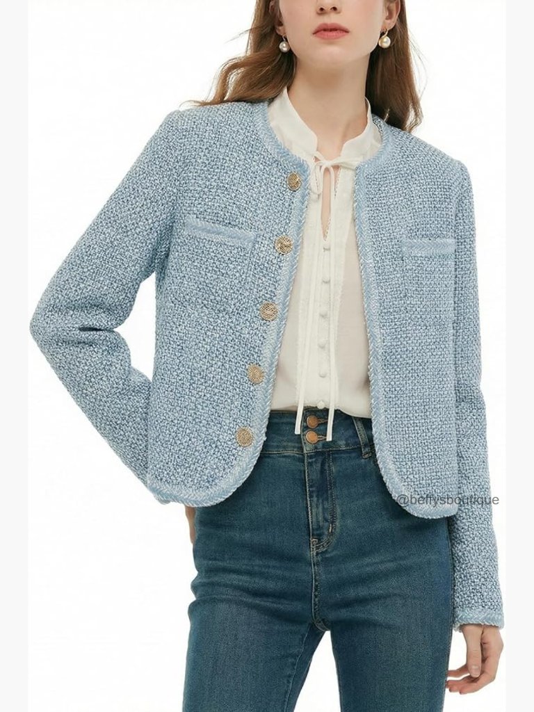 Tweed Cropped Blazer For Women, Work Office Casual, Long Sleeve Open Front
